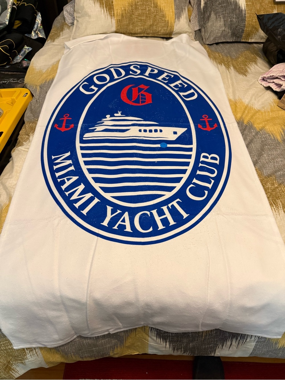 Godspeed Miami Yacht Club Towel - White with Blue & Red Logo